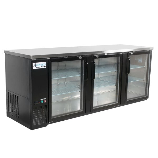 An Avantco black counter height back bar refrigerator with glass doors.