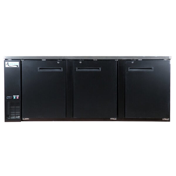 Three black Avantco back bar refrigerators with open doors.