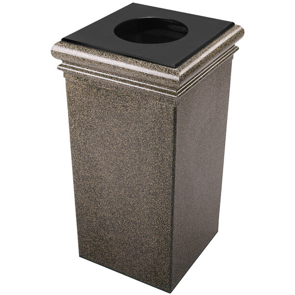 A brown stone rectangular trash can with a black square lid.