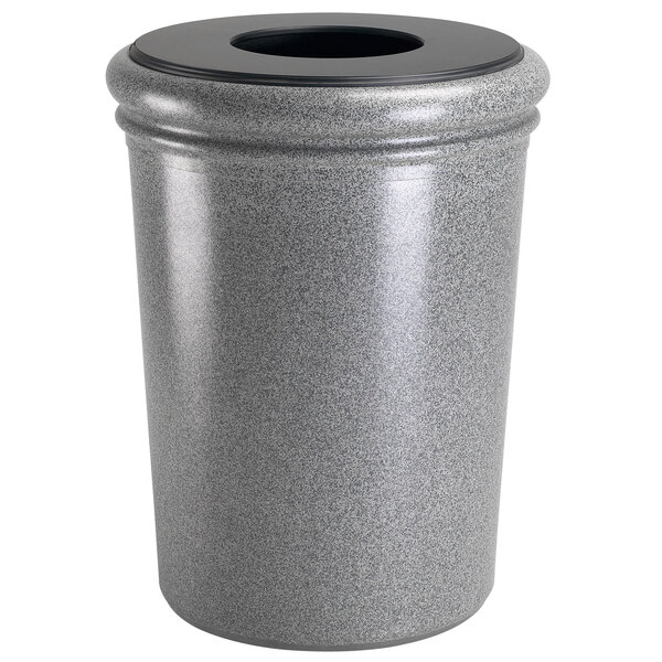 A grey StoneTec trash can with a black lid.