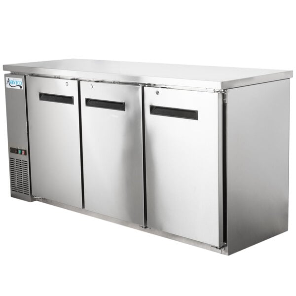 An Avantco stainless steel back bar refrigerator with three narrow doors.