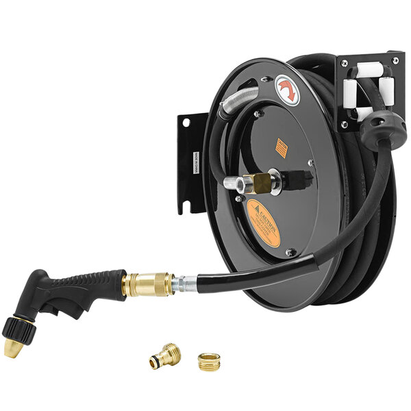 A black Equip by T&S hose reel with a 50' hose attached and a garden hose nozzle.