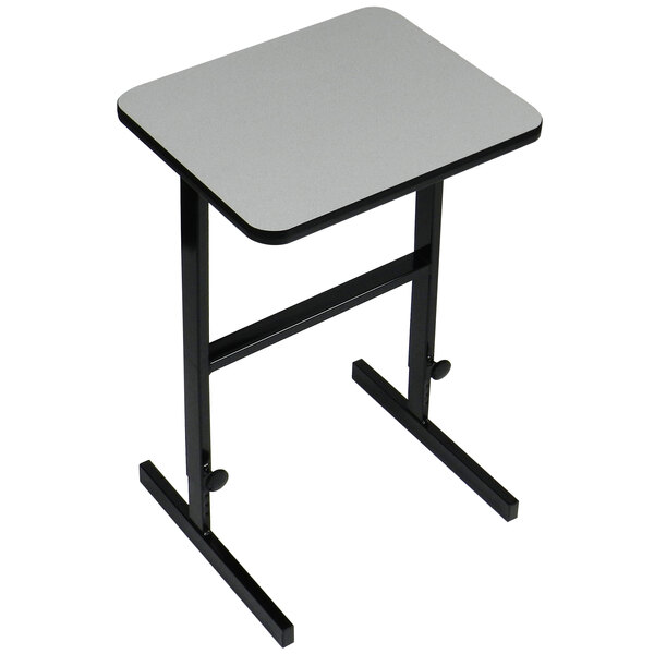 A gray rectangular table with a metal base.