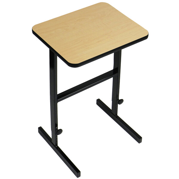 A Correll Fusion Maple adjustable standing height work station with a black metal frame.