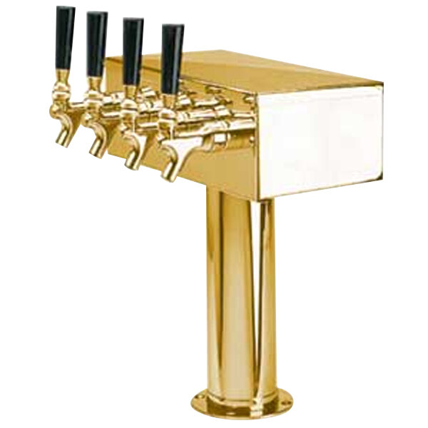 A gold beer tap with black handles.