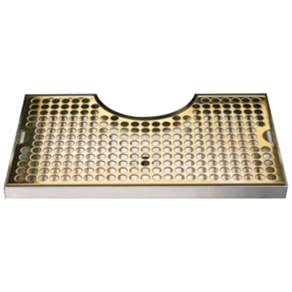 A Micro Matic brass surface mount drip tray with a drain and column cutout and holes in a metal plate.