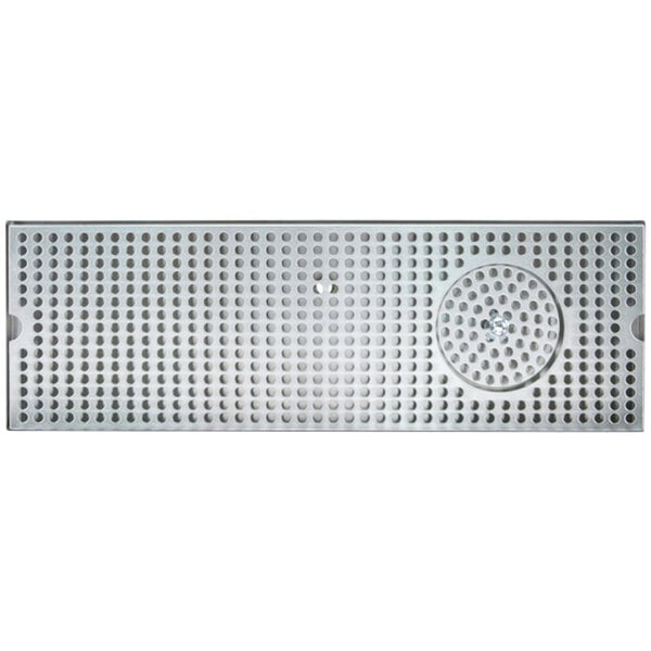 A rectangular stainless steel Micro Matic surface mount drip tray with a drain cover with holes.