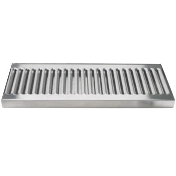 A stainless steel Micro Matic surface mount drip tray with a drain grate.