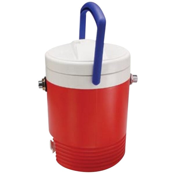 A red and white Micro Matic beer cooler with a blue handle.