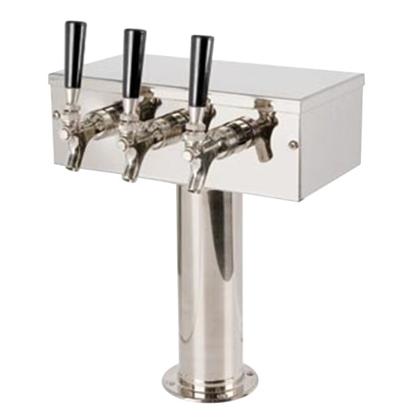A stainless steel Micro Matic Kool-Rite 3-tap tower on a counter.