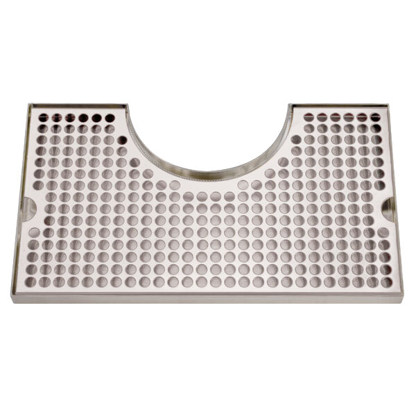 A stainless steel Micro Matic surface mount drip tray with a column cutout and holes.