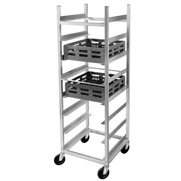 A metal cart with 8 shelves for glass racks.