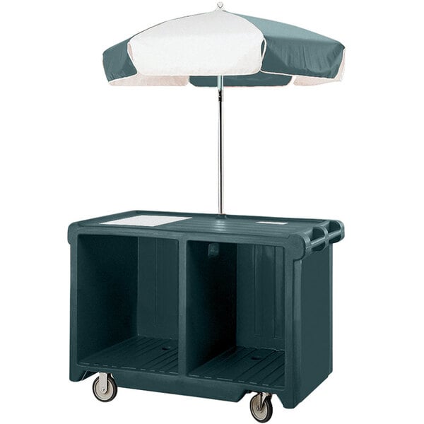 A Cambro granite green vending cart with an umbrella on the side.