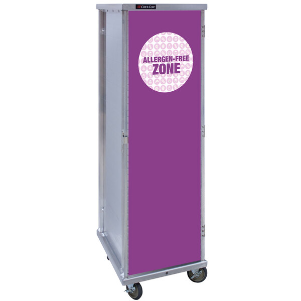A purple storage cart with a white circle with text on it.