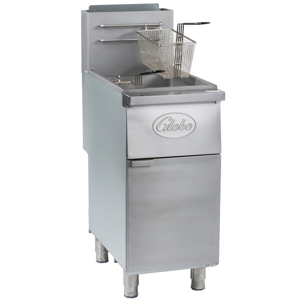 A Globe stainless steel floor gas fryer with a basket.