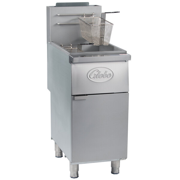 A stainless steel Globe floor gas fryer with a basket.