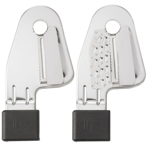 A pair of silver metal KitchenAid Spiralizer blades with black plastic handles.