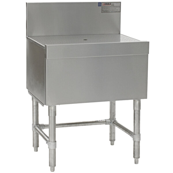 An Eagle Group stainless steel workboard with a drain on metal legs.
