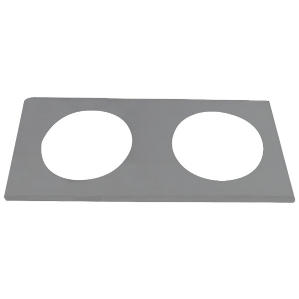 A grey rectangular plate with two white circular openings.