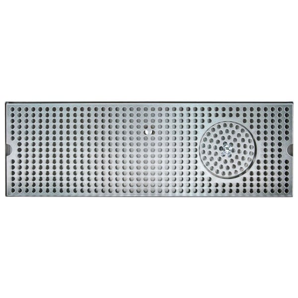 A rectangular stainless steel surface mount drip tray with a white circle in the center and a metal drain with holes.