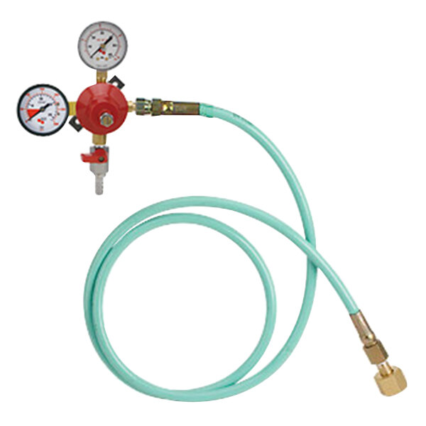 A Micro Matic CO2 primary regulator with gauges and a green hose with a red valve.
