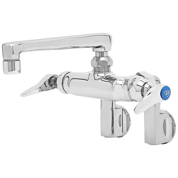 A chrome T&S wall mount pantry faucet with blue handles.