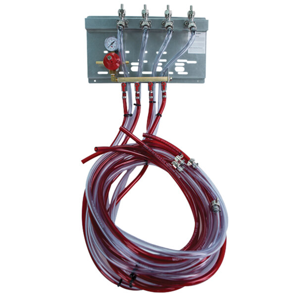 A close-up of a Micro Matic Quadruple Keg CO2 Regulator Panel with red and white hoses.