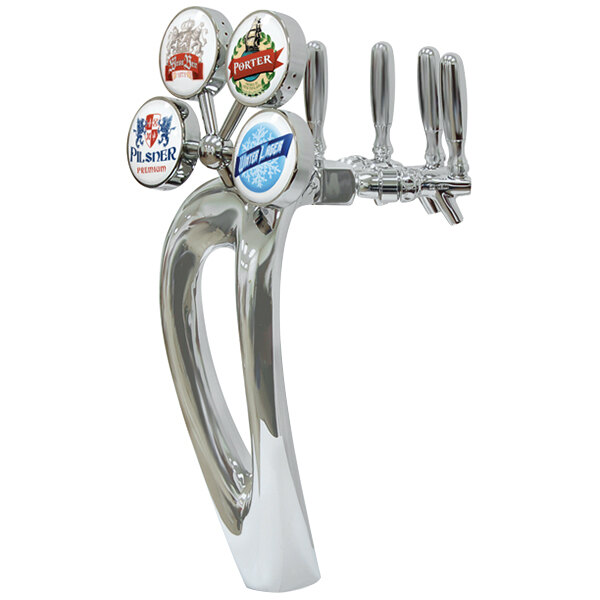 A silver Micro Matic beer tap tower with medallions for four different beers.