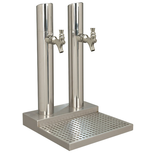 A stainless steel Micro Matic Skyline beer dispenser with two taps on a metal stand.