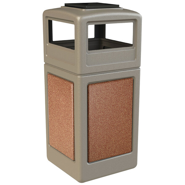 A beige Commercial Zone StoneTec waste receptacle with Sedona panels and an ashtray dome lid.