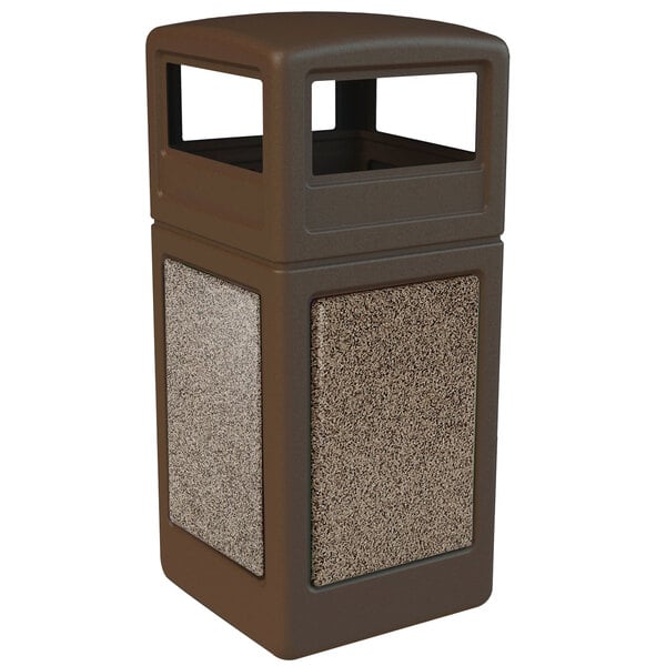 A brown Square StoneTec waste receptacle with stone panels and a dome lid.