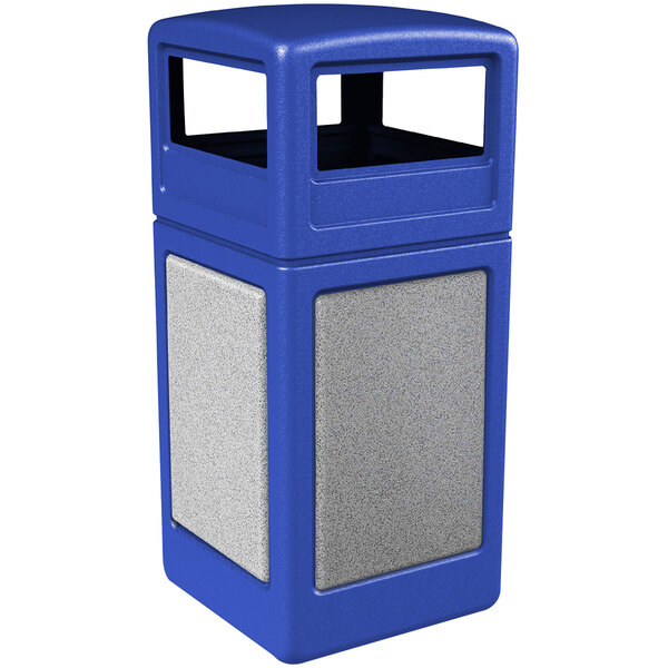 A blue Commercial Zone StoneTec waste receptacle with grey panels and lid.