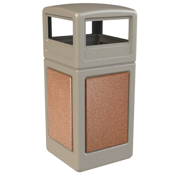 A beige rectangular trash can with brown and grey accents.