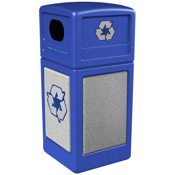 A blue StoneTec recycling bin with a recycle symbol on it.