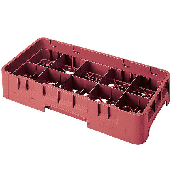 A cranberry red Cambro plastic container with six compartments and holes.