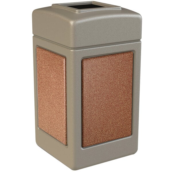 A beige square StoneTec trash can with Sedona panels.