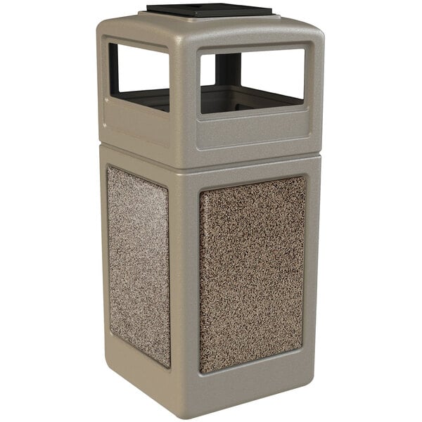 A beige rectangular Commercial Zone StoneTec waste receptacle with square panels and an ashtray dome lid.