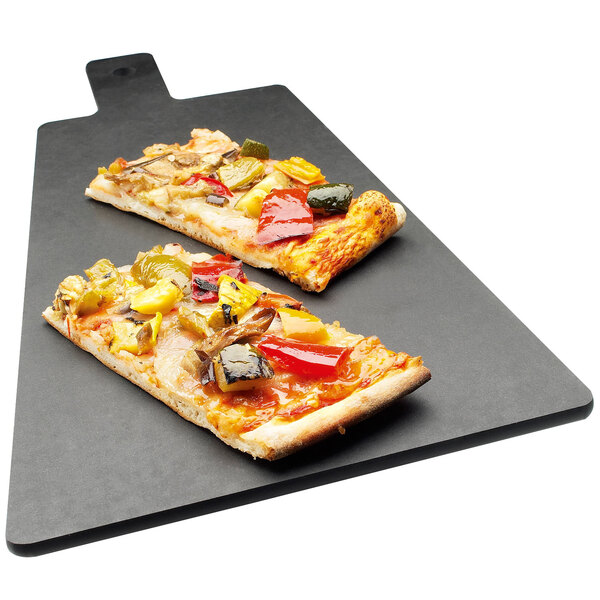 A Cal-Mil trapezoid black flat bread board with two slices of pizza on it.