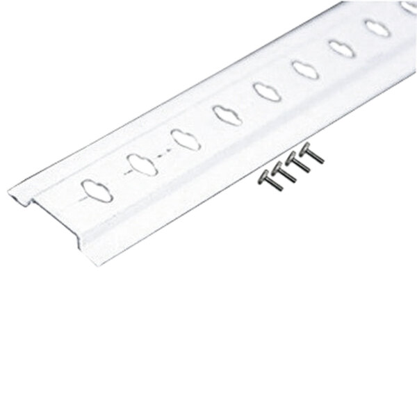 A white metal strip with holes and screws.
