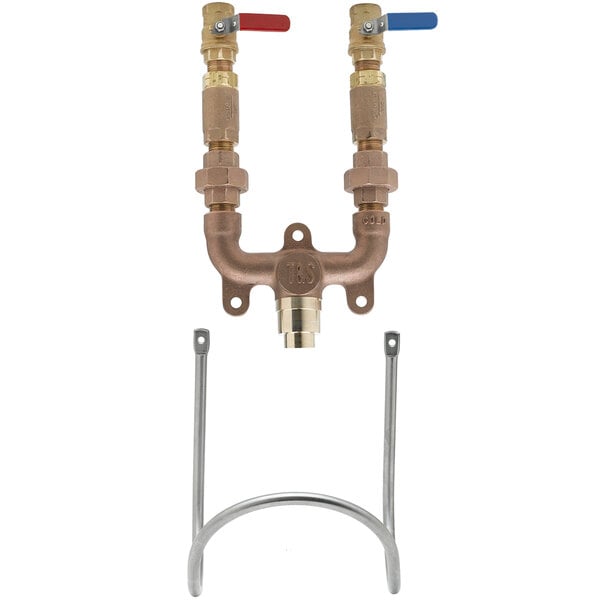 A T&S washdown station with a mixing valve and two brass water valves on a pipe.