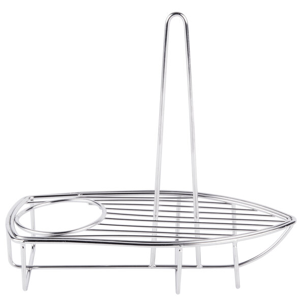 A stainless steel Clipper Mill boat onion ring tower with a ramekin holder and a handle.