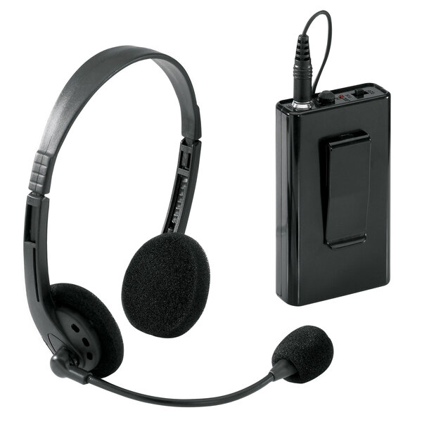 A black Oklahoma Sound wireless headset microphone in a black case.