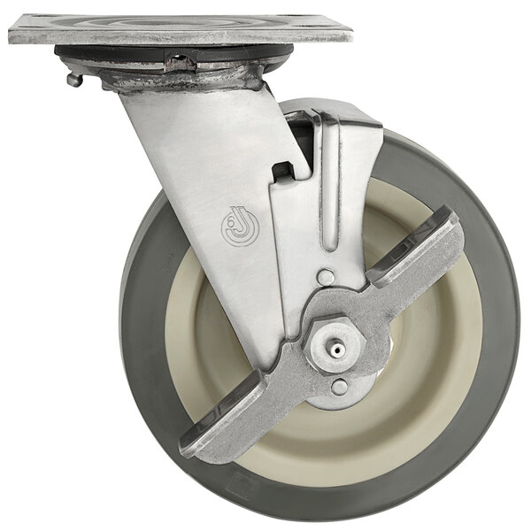 A Metro Super Erecta white and gray polyurethane swivel plate caster with a metal wheel.