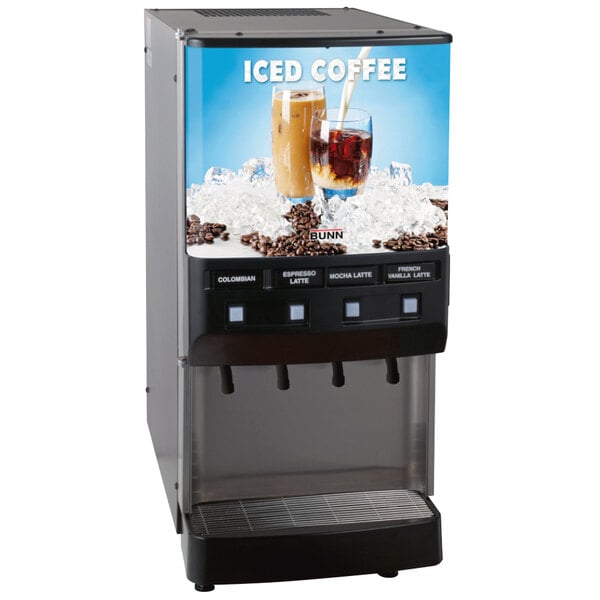 A Bunn 4 flavor iced coffee dispenser with cold water tap filled with ice and iced coffee.