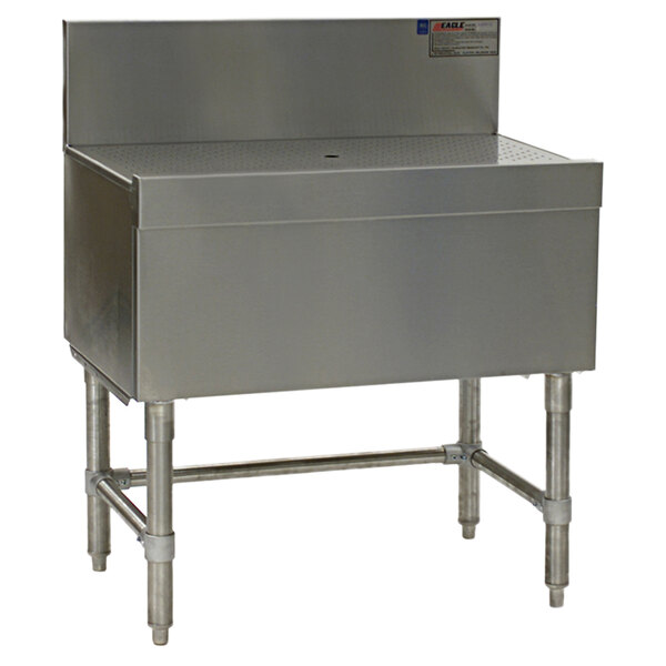 A stainless steel Eagle Group Spec-Bar workboard with a drain on top.