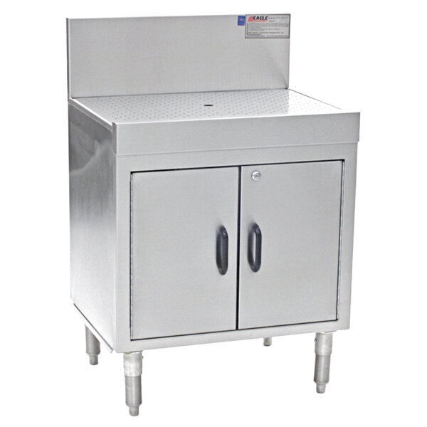 A stainless steel Eagle Group workboard cabinet with two doors.