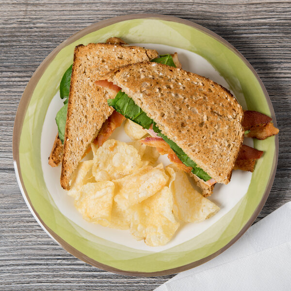 A sandwich with chips and salad on a Kanello ivory melamine plate with a Kanello green edge.