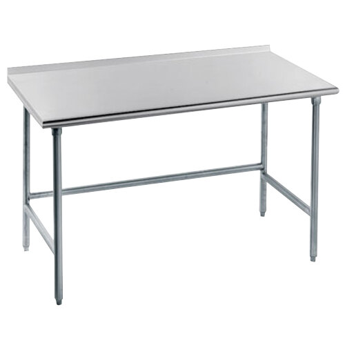 An Advance Tabco stainless steel open base work table with a backsplash on a table.