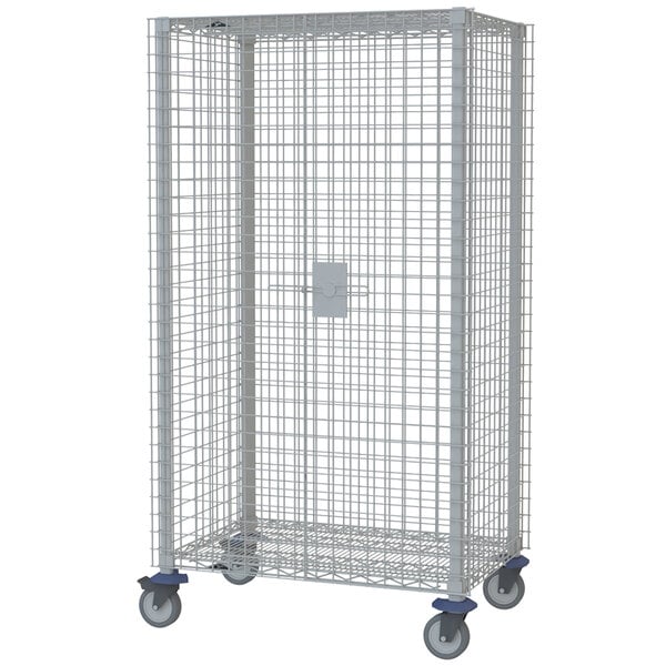 A large metal cage with a lock on wheels.