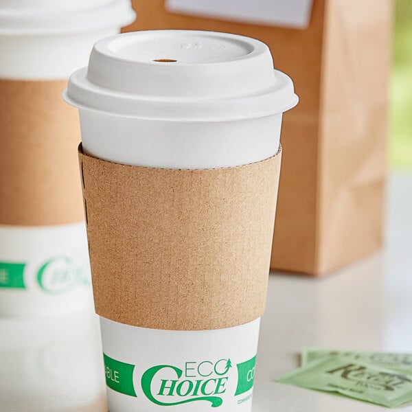 A white coffee cup with a lid and an EcoChoice Kraft coffee cup sleeve with brown band around it.